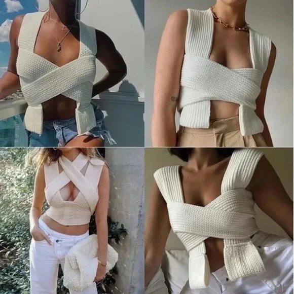 White Wrap Around Bandage Knit Multi Wear Top - Picture 5 of 6